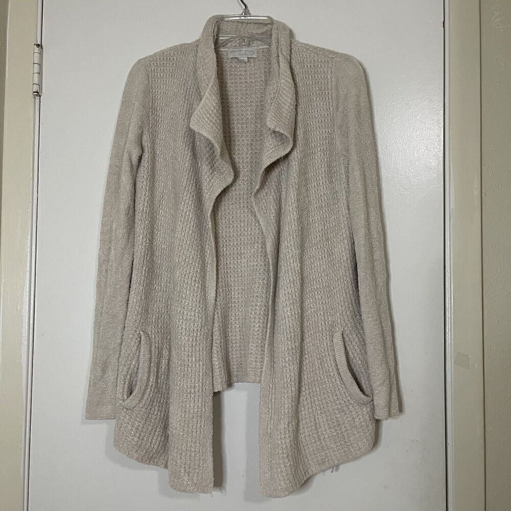 Barefoot dreams cozy chic ivory beige waffle knit drape front cardigan sweater